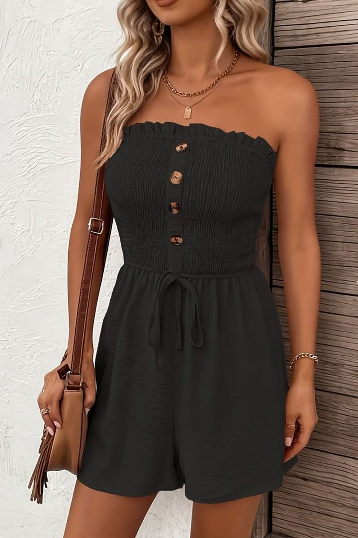 Versatile light blue strapless romper. Button-front, casual chic for day to night summer wear.