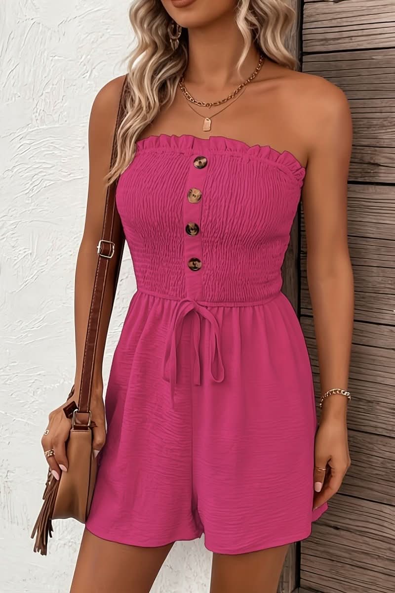 Trendy green strapless button-front romper. Comfortable warm weather short playsuit.