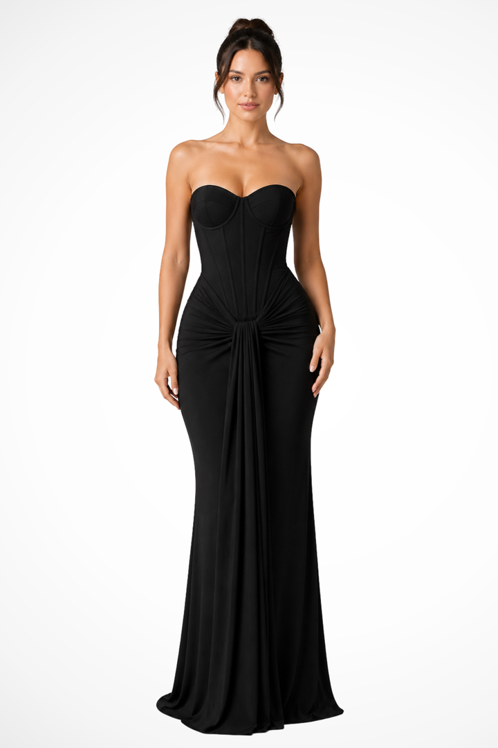 Women's strapless corset mermaid maxi dress, elegant formal evening gown for special occasions.