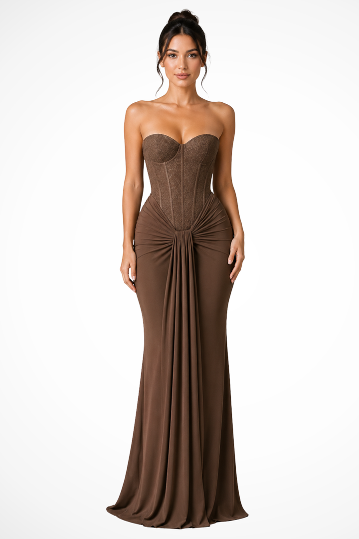 Elegant women's strapless corset mermaid maxi dress, a sophisticated choice for evening wear.