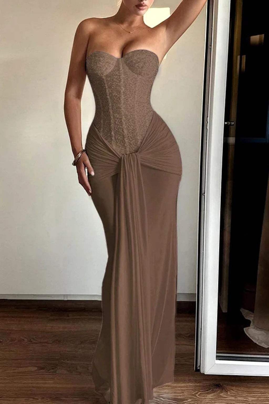 Women's formal strapless mermaid maxi dress with corset bodice, perfect for special occasions.
