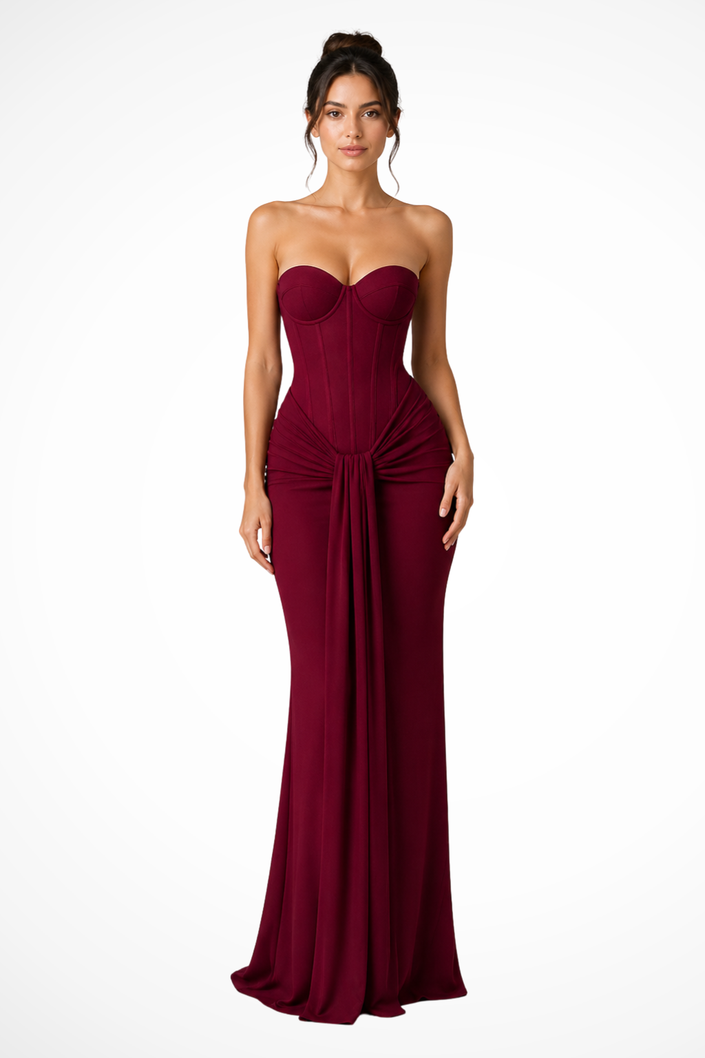 Women's strapless mermaid maxi dress, featuring a corset bodice and elegant silhouette.