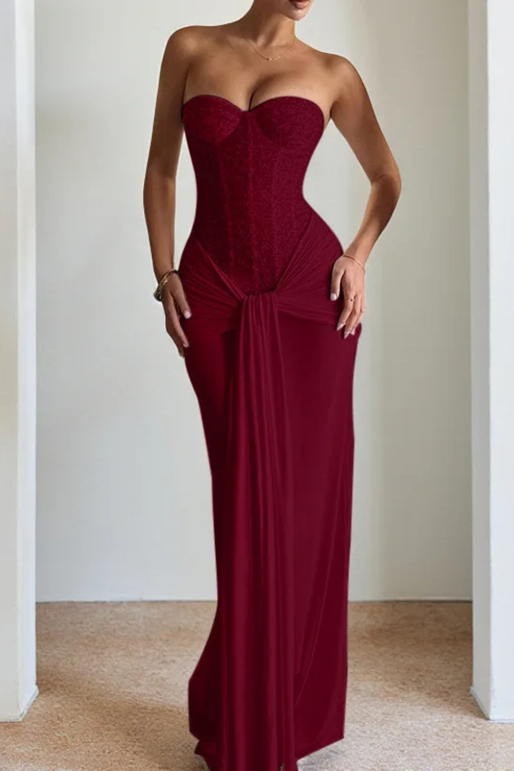 Elegant women's strapless mermaid maxi dress with a sophisticated corset bodice for formal events.