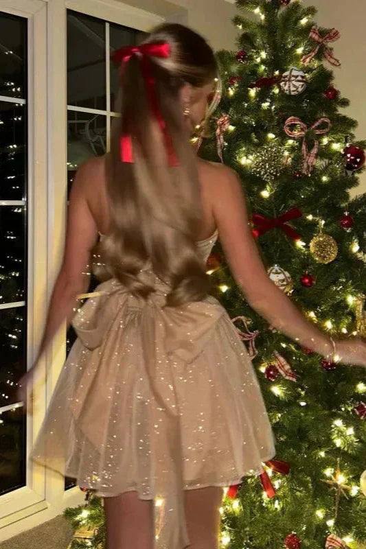 Glamorous strapless glitter mini dress for women. Your ideal homecoming, party, or cocktail evening attire.