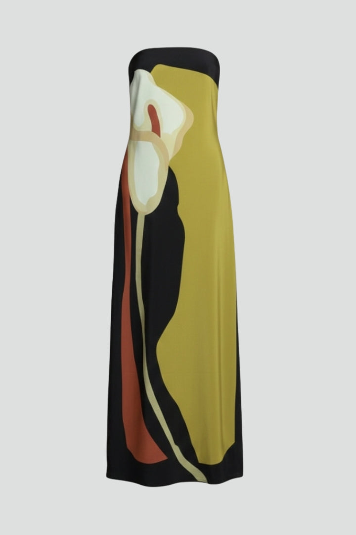 Women's strapless maxi dress with vibrant, colorful pattern. Perfect for summer beach or casual wear.