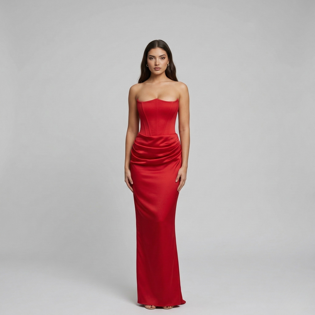 Sophisticated women's strapless mermaid formal gown, elegant draped design for parties & proms.