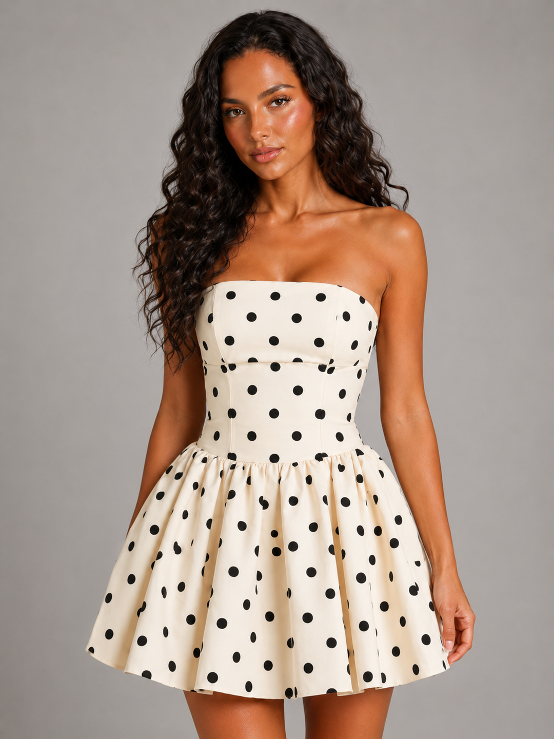 Stylish women's strapless polka dot mini dress, ideal for homecoming, parties, and special occasions.