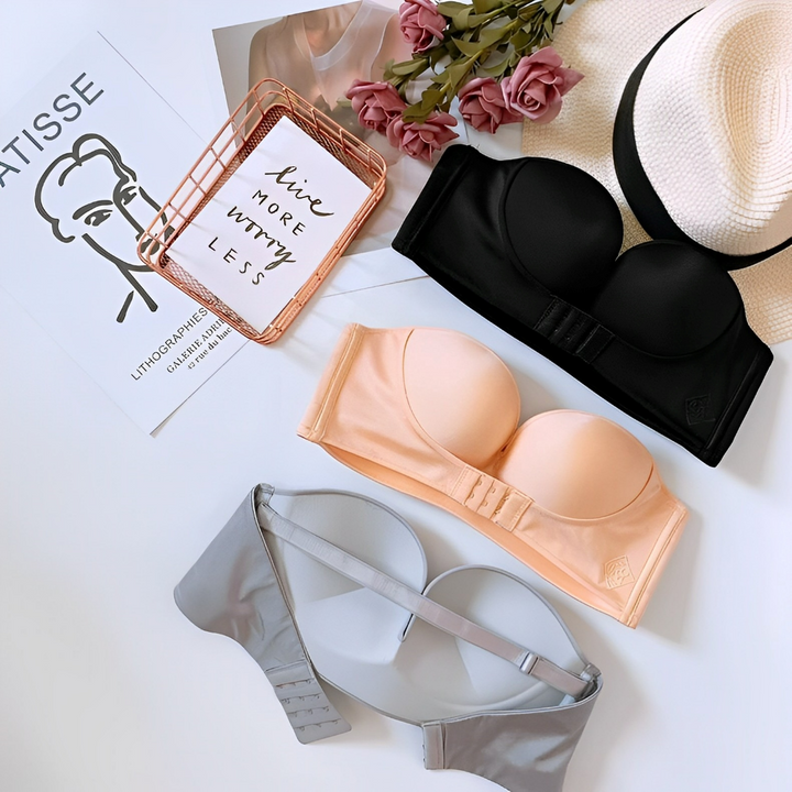 Elegant women's strapless push-up bra. Provides natural uplift, seamless look, and ultimate comfort.