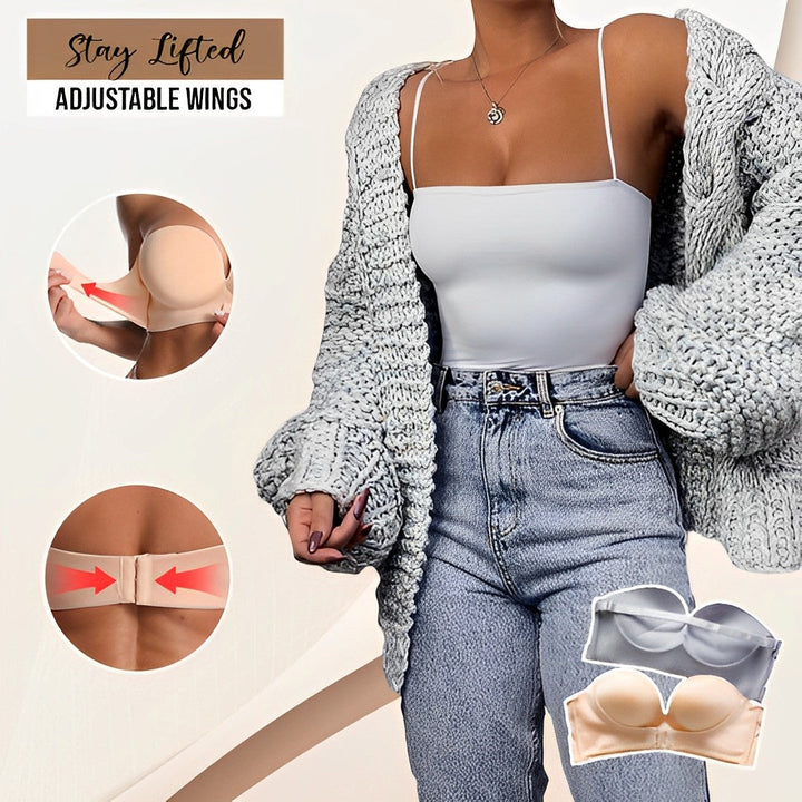Uplift strapless bra for women, designed for invisible support and enhanced natural curves. Seamless intimates.