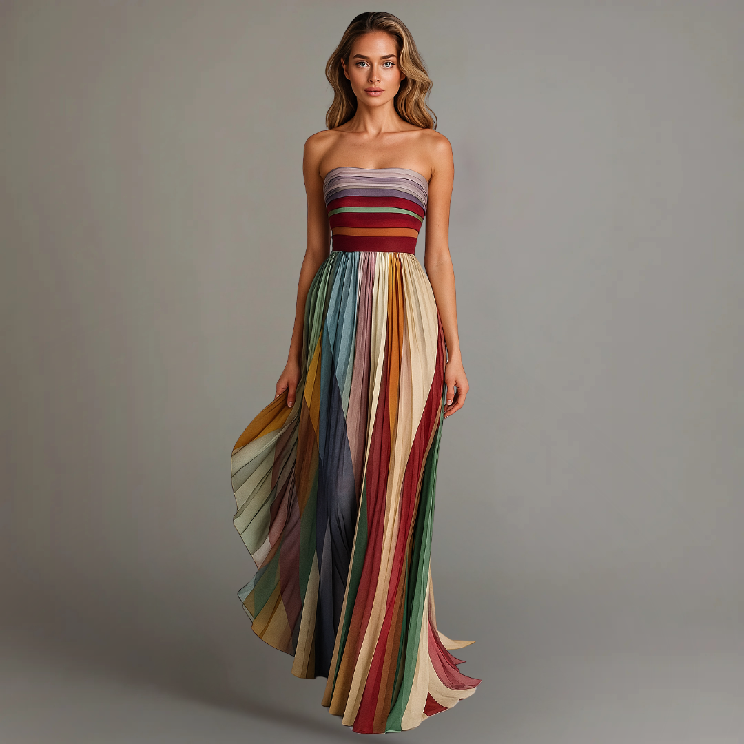 Women's strapless rainbow pleated maxi dress. Perfect colorful summer dress for vacations & parties.