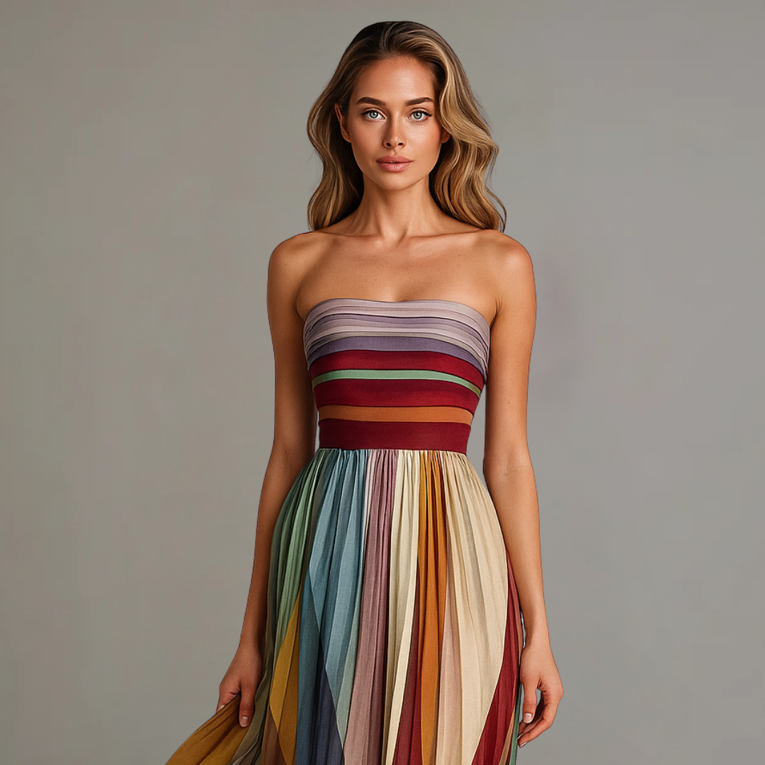 Elegant women's strapless rainbow maxi dress with pleats, ideal for beach wear, summer parties, and special occasions.