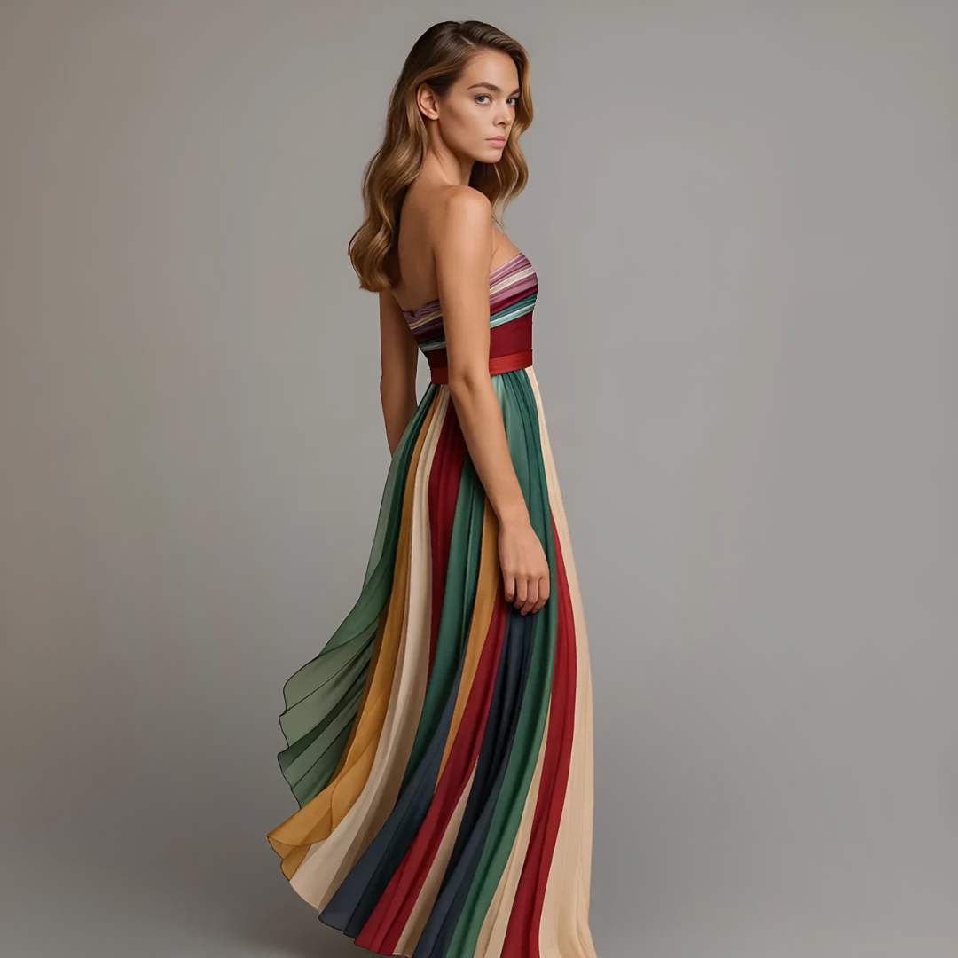 Vibrant women's strapless rainbow pleated maxi dress. A stylish and colorful vacation or elegant party dress.