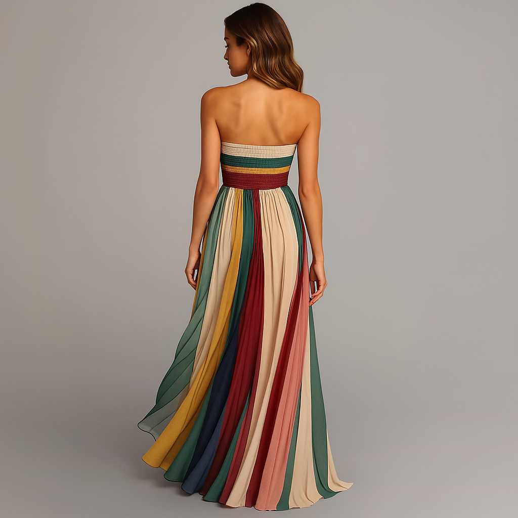 Colorful women's strapless pleated rainbow maxi dress, a perfect summer vacation, party, or elegant special occasion dress.