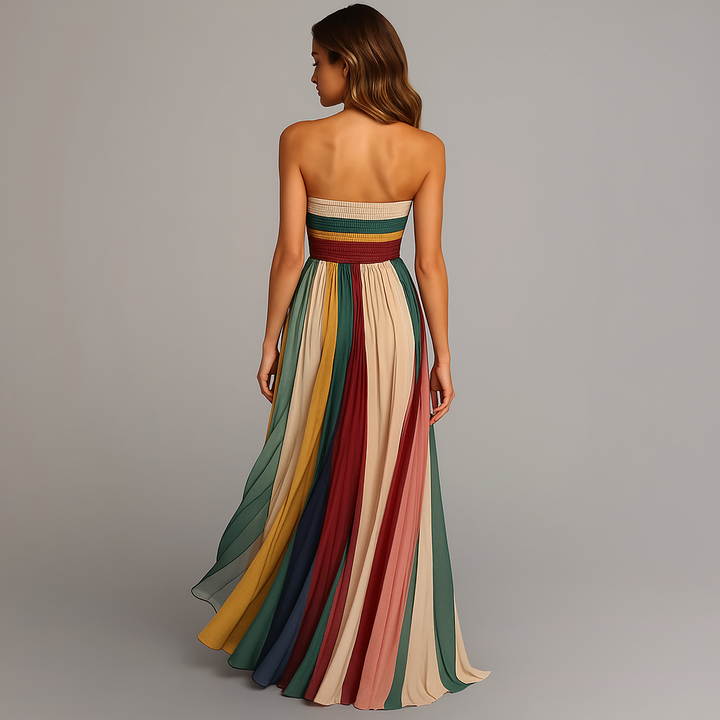 Colorful women's strapless pleated rainbow maxi dress, a perfect summer vacation, party, or elegant special occasion dress.