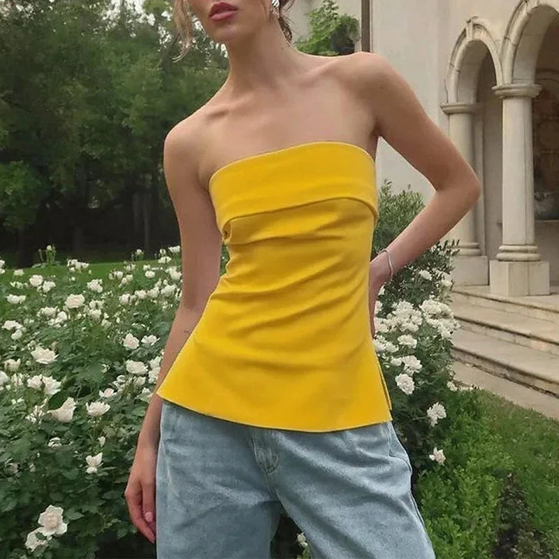 Women's strapless tube crop top, perfect for effortless summer style & beachwear.