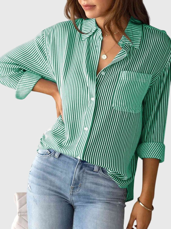 Smart long sleeve striped collared blouse for women, offering versatile styling.
