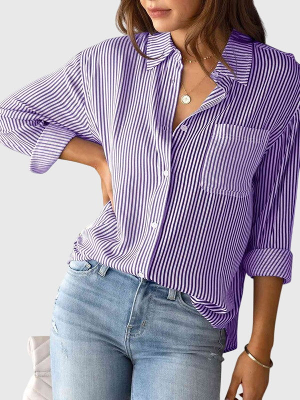 Easy-to-style striped collared blouse for women's daily fashion and versatility.