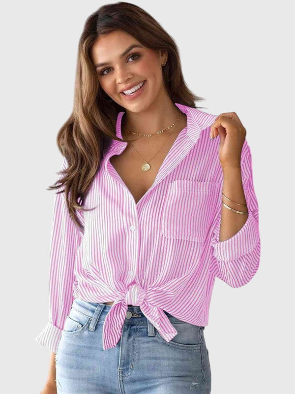 Casual striped collared women's blouse, perfect for office wear or daily fashion.
