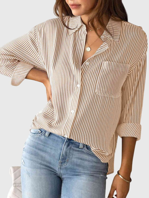 Striped long sleeve women's blouse with a stylish collar, an everyday fashion staple.