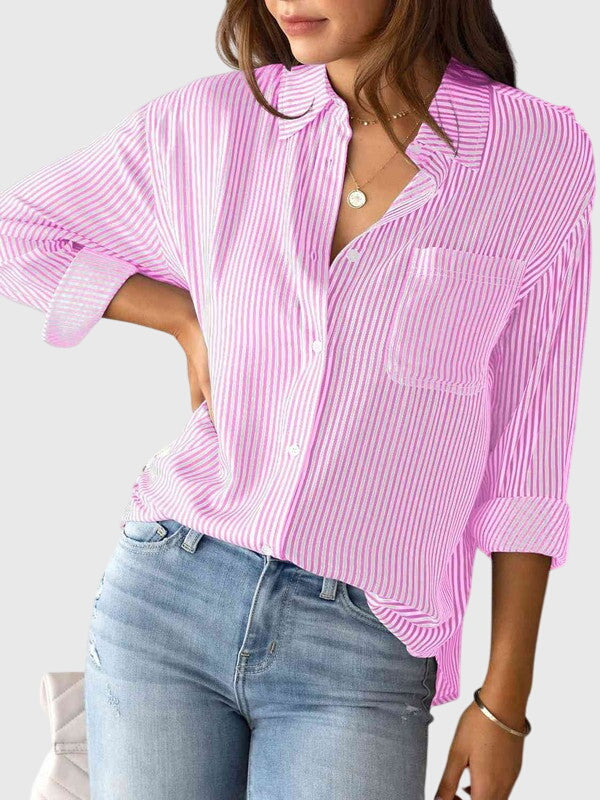 Women's fashion striped collared top with long sleeves, casual yet stylish.