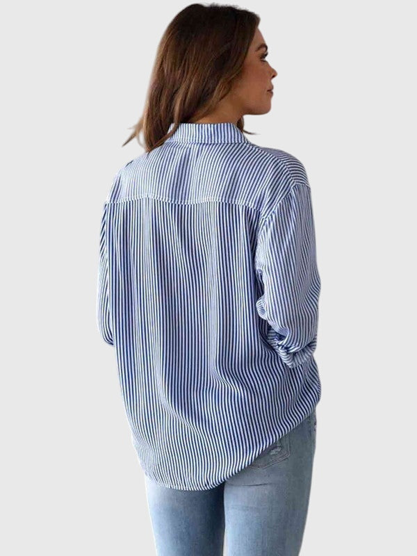 Modern striped collared blouse for women, perfect for casual and work occasions.