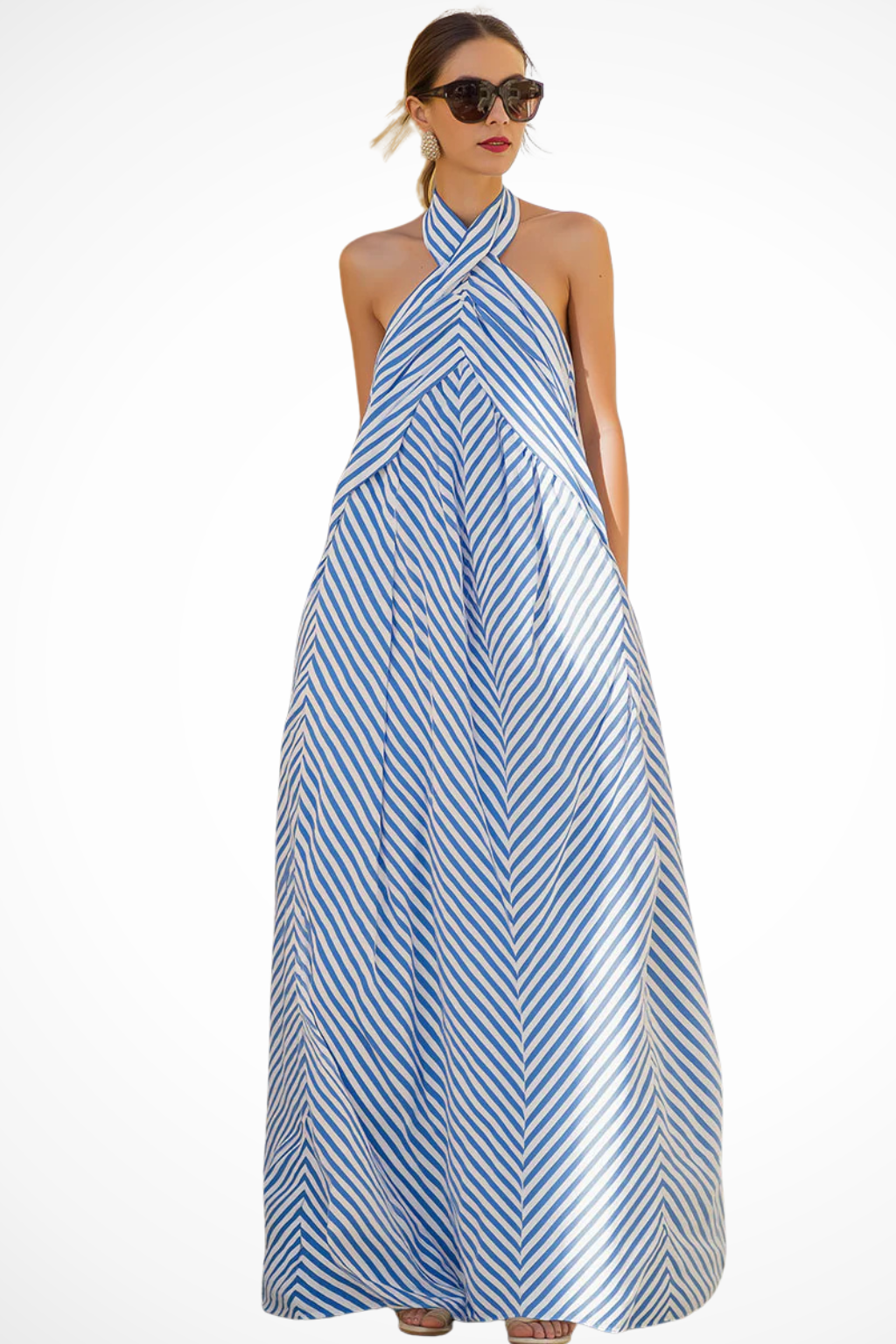 Women's striped halter neck maxi sundress with a relaxed fit, perfect for summer casual wear.