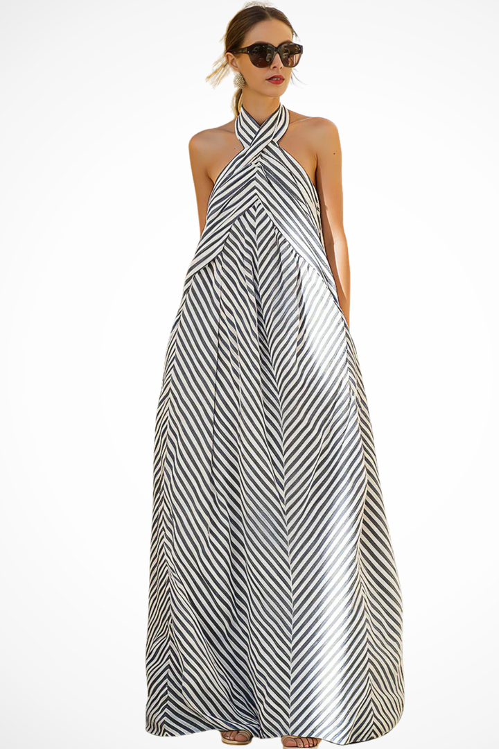 Casual sleeveless striped maxi dress for women, featuring a chic halter neck and comfortable relaxed fit.