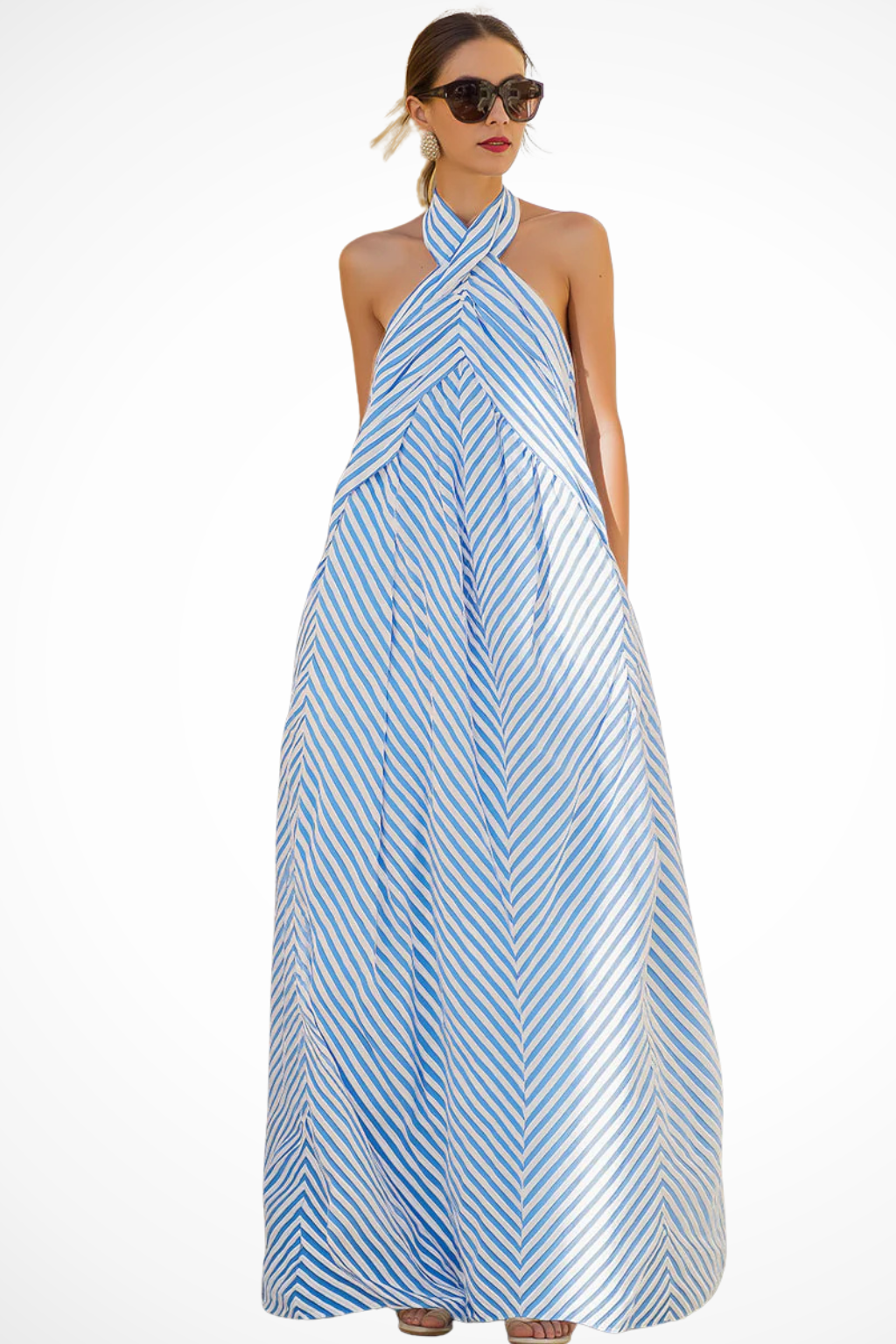 Stylish striped maxi sundress for women with a comfortable halter neck and a relaxed, flowy silhouette.