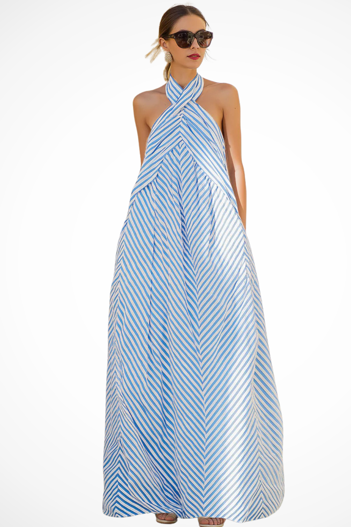 Stylish striped maxi sundress for women with a comfortable halter neck and a relaxed, flowy silhouette.
