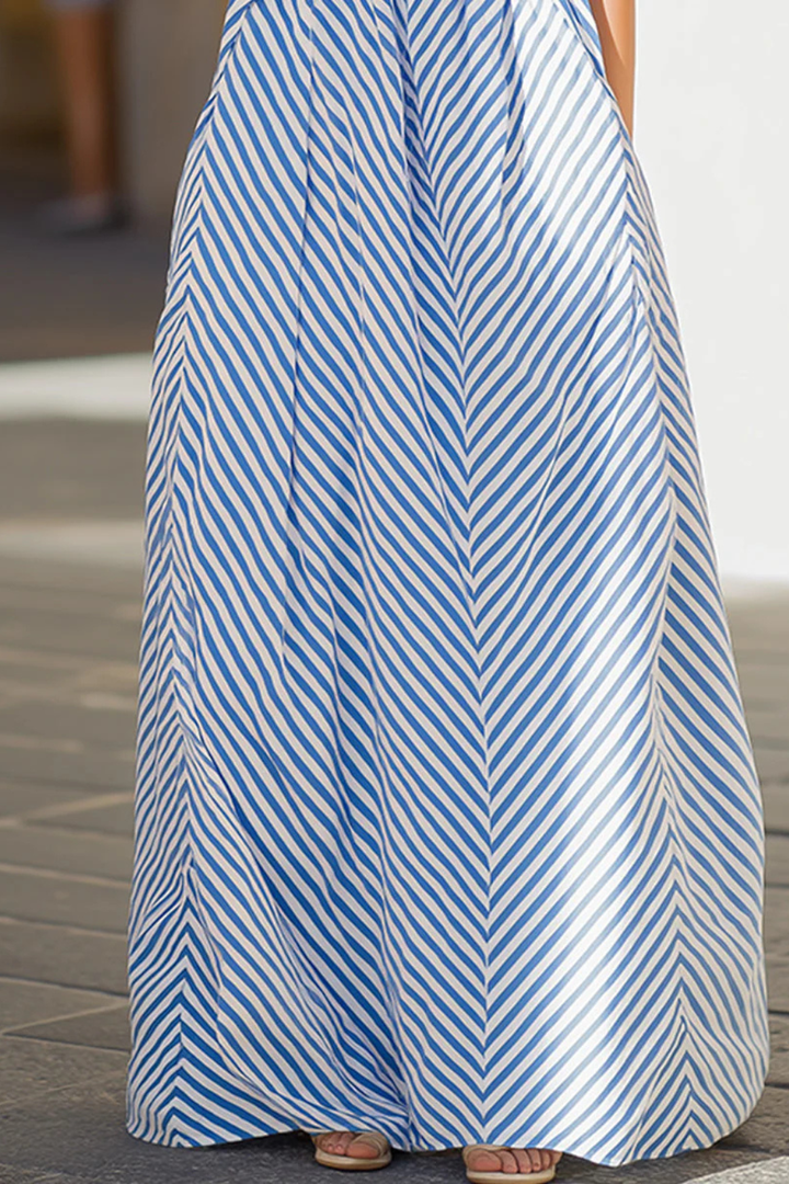 Women's striped halter neck sleeveless maxi dress. Casual, comfortable, and elegant summer sundress.
