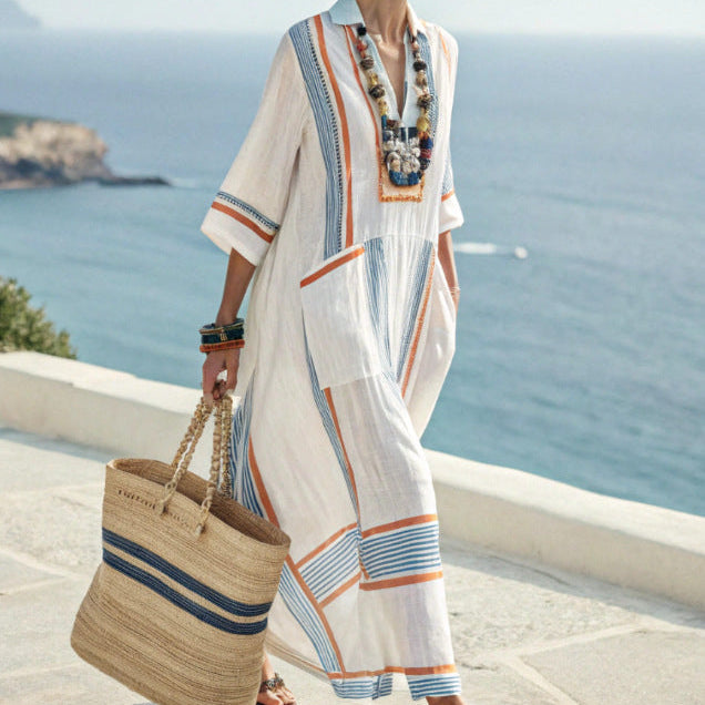 Women's striped kimono maxi dress for beach style, summer vacation. Flowy, bohemian casual dress with V-neck.