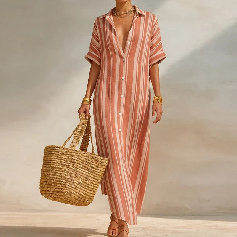 Versatile women's striped long dress, a comfortable and chic option for everyday summer fashion. Relaxed fit.