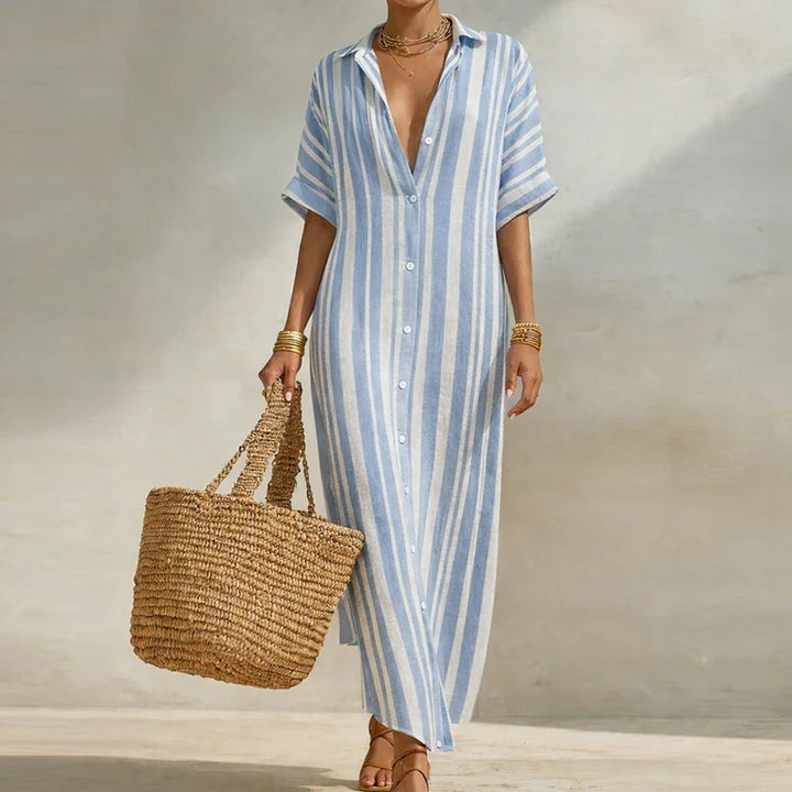 Stylish women's striped long shirt dress for summer. Features a casual relaxed fit, V-neck, and three-quarter sleeves.