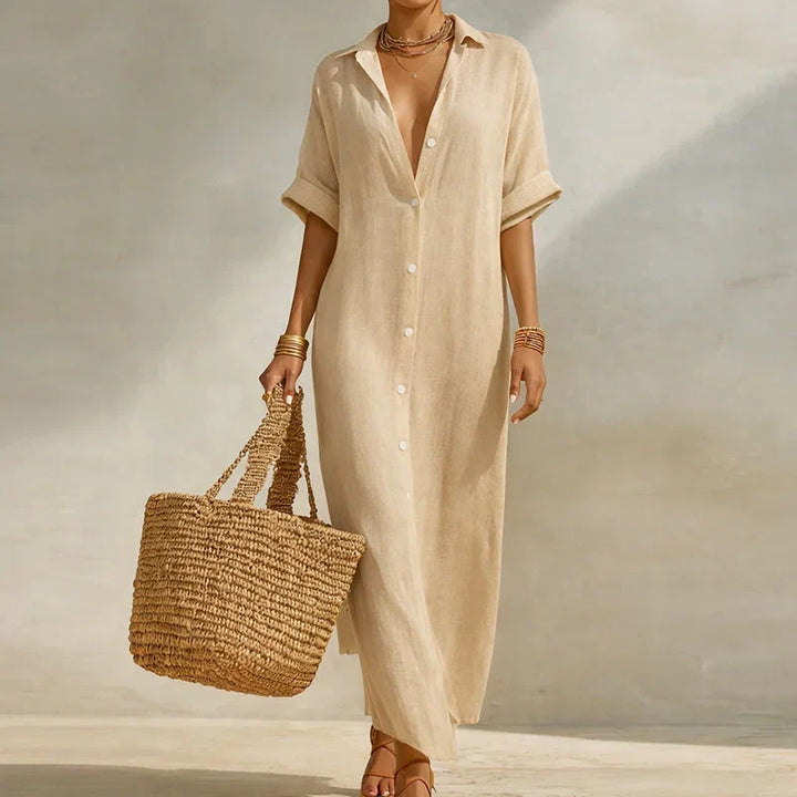 Effortless women's long striped shirt dress, a flowy summer style. Great for warm weather and everyday chic.