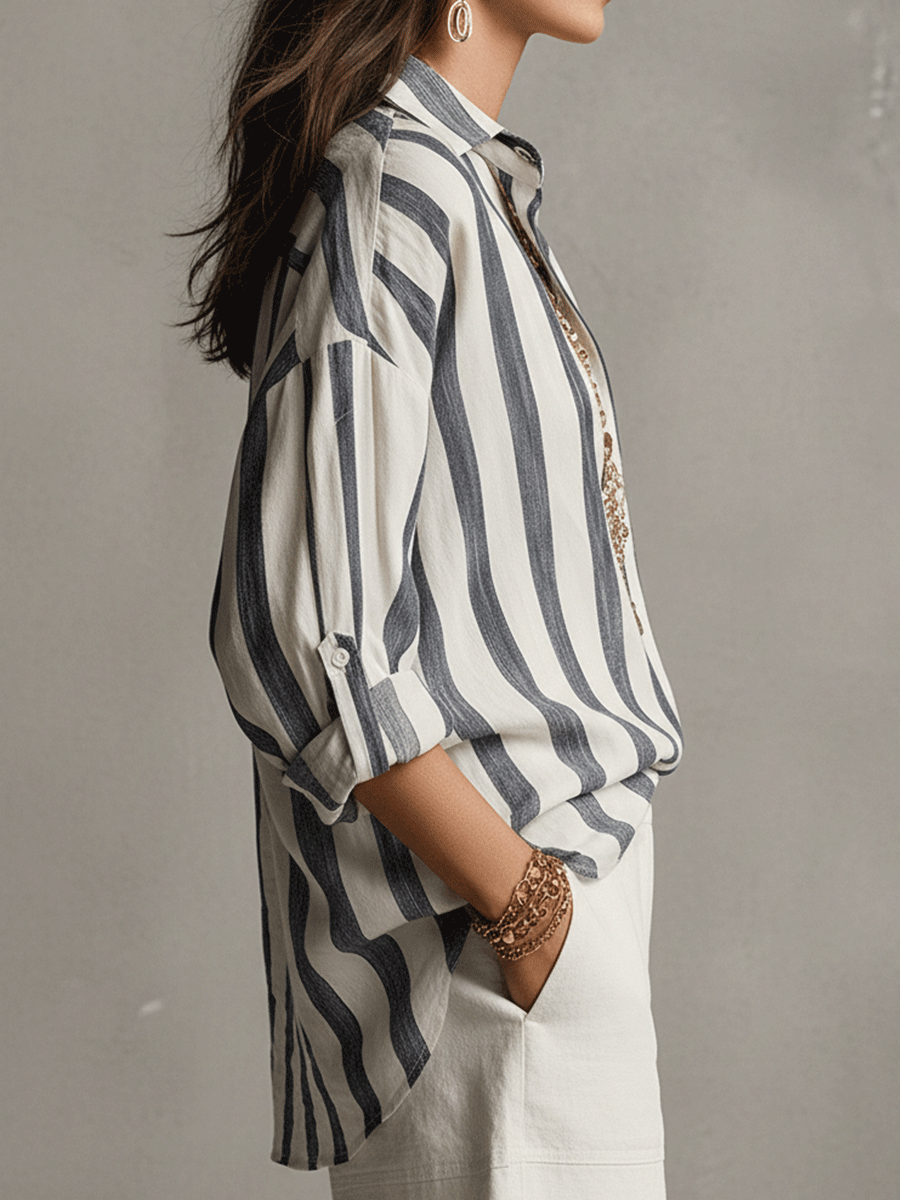 Fashionable women's long-sleeve striped top, button-front, suitable for all seasons.