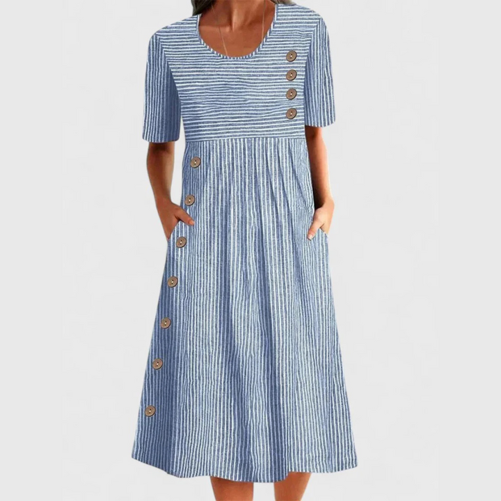 Women's striped midi dress with elegant button details, perfect for a classic, effortless summer style.