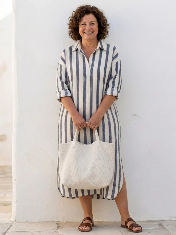 Versatile women's striped long sleeve midi shirt dress. Ideal for office attire or casual everyday wear.