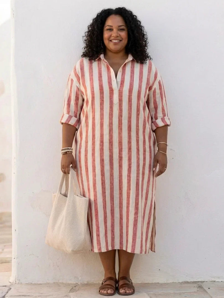 Blue striped long sleeve midi shirt dress for women. Button front, casual everyday fashion.