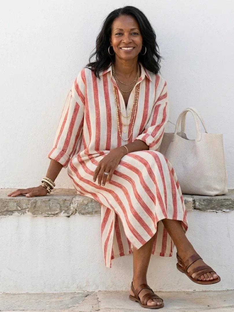 Red striped long sleeve midi shirt dress for women, relaxed fit. Great travel dress or casual outfit.