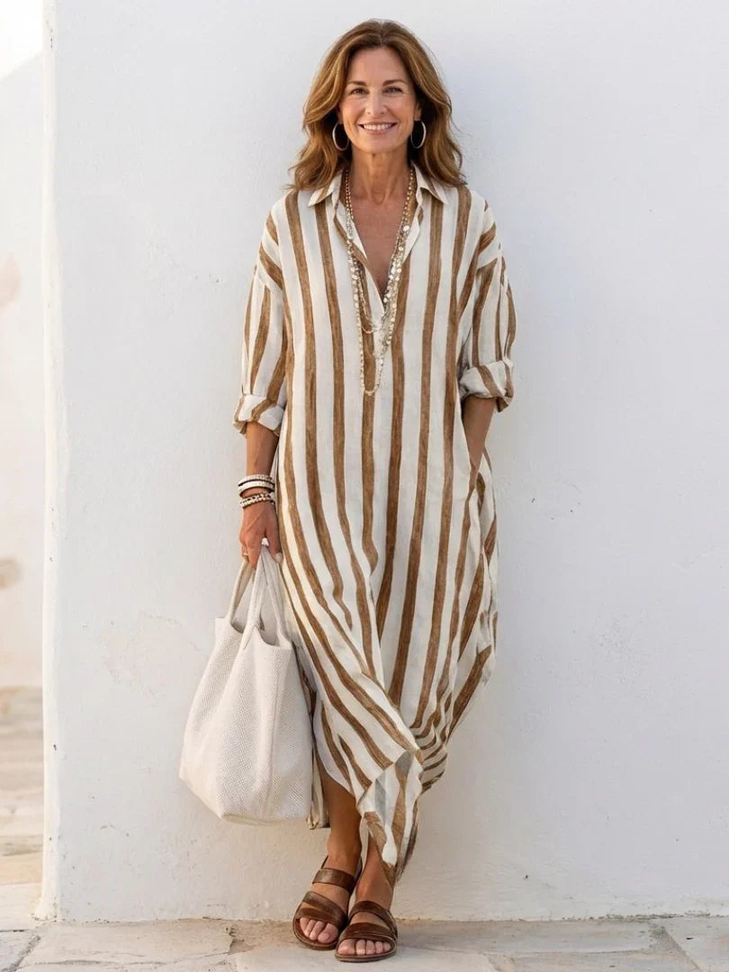 Brown striped women's midi shirt dress, long sleeve, button-up. Chic for office or relaxed casual wear.
