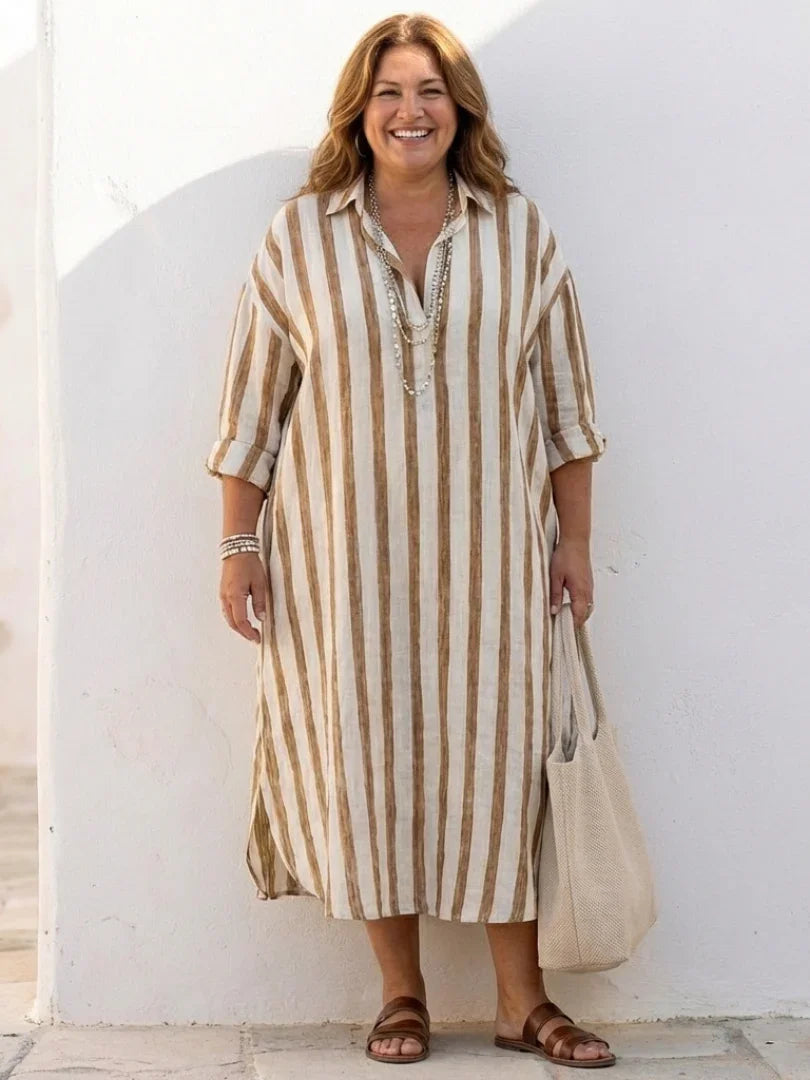 Elegant women's striped long sleeve midi shirt dress with button-front design. Effortless, comfortable style.