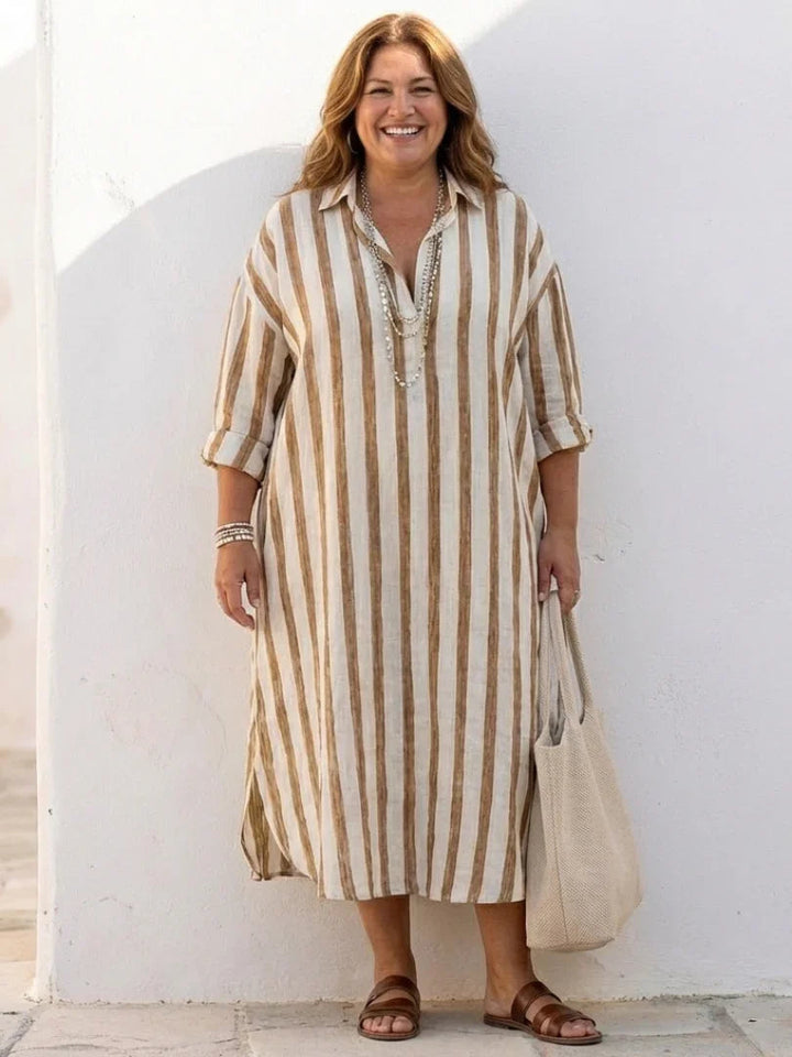 Elegant women's striped long sleeve midi shirt dress with button-front design. Effortless, comfortable style.