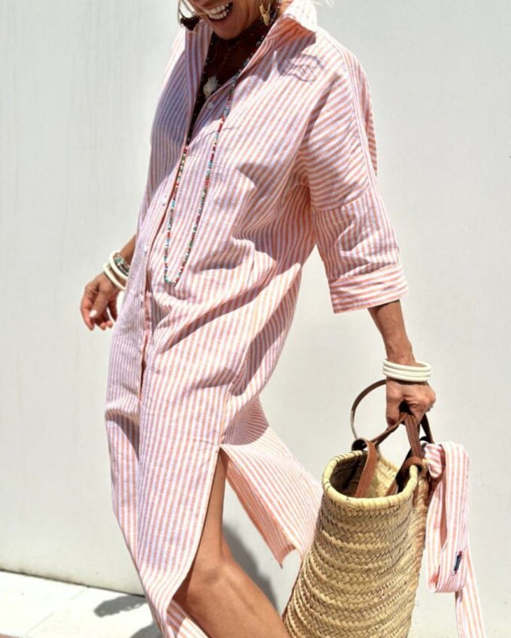 Comfortable women's striped button-front midi shirt dress with pockets, ideal for everyday casual wear.