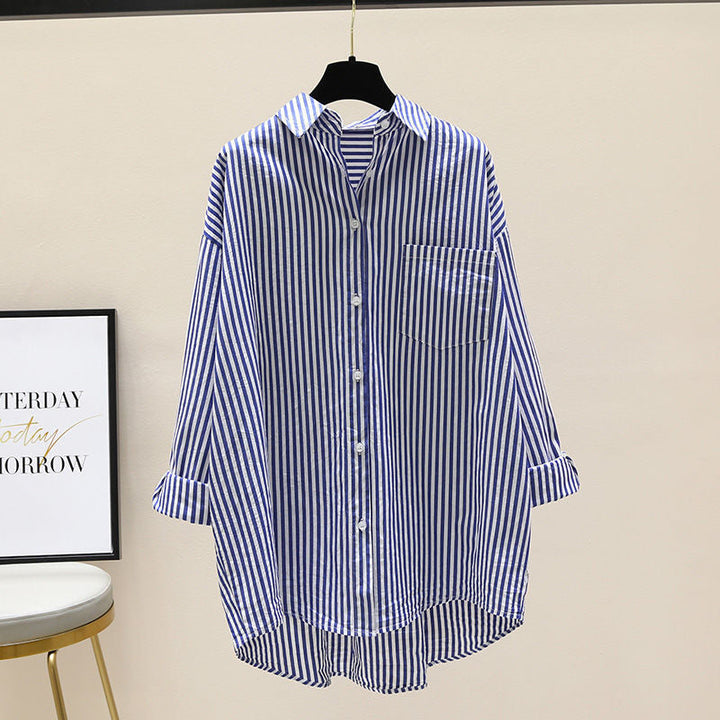Women's striped oversized button down shirt, perfect for casual spring & summer style.