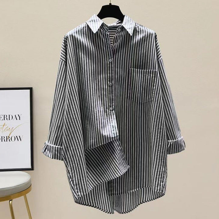 Lightweight women's striped oversized button down shirt, ideal for breezy spring & summer days.