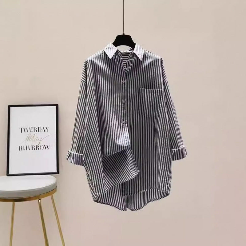 Longline women's striped oversized button down shirt, a comfy fall & spring casual essential.