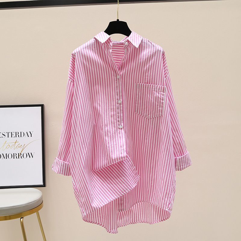 Comfy oversized striped longline button down shirt for women, a casual spring & summer wardrobe staple.