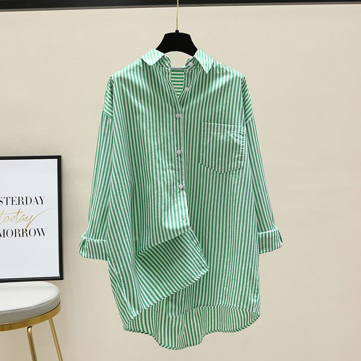 Preppy & casual women's striped oversized button down shirt. Perfect for spring, summer, and fall.
