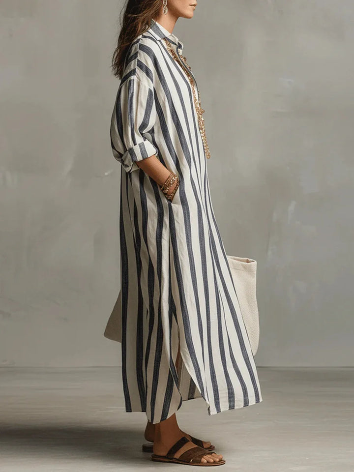 Flowy women's striped maxi dress, perfect for casual summer days & beach vacations.