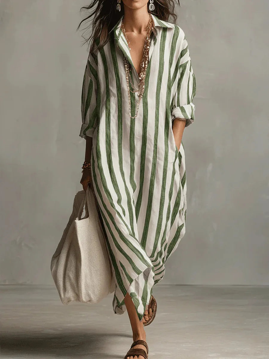 Versatile women's striped maxi dress, oversized fit for effortless casual or beach wear.